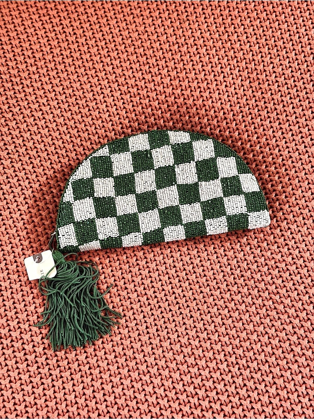 Anthropologie Checkered Beaded Tassel Clutch in Green & White NWT